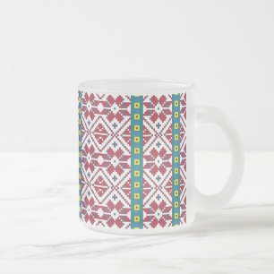 Tribal red, blue, and white star geometric pattern frosted glass coffee mug