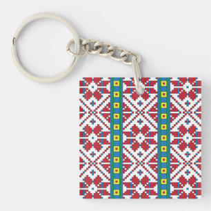 Tribal red, blue, and white star geometric pattern keychain