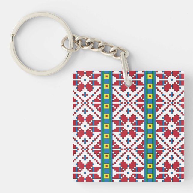 Tribal red, blue, and white star geometric pattern keychain (Front)