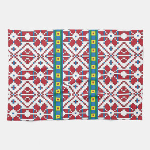 Tribal red, blue, and white star geometric pattern kitchen towel