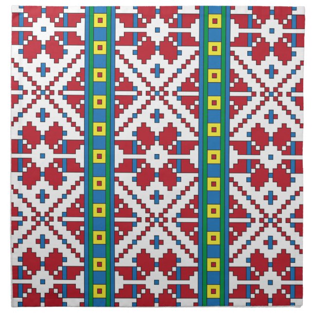 Tribal red, blue, and white star geometric pattern napkin (Front)