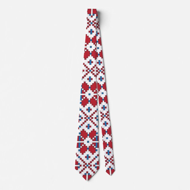 Tribal red, blue, and white star geometric pattern neck tie (Front)