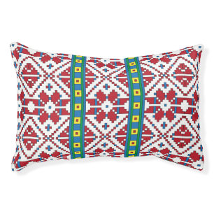Tribal red, blue, and white star geometric pattern pet bed