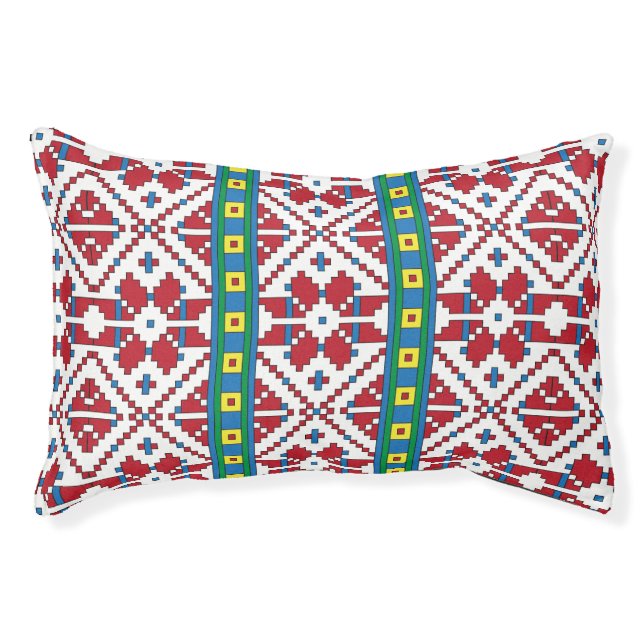 Tribal red, blue, and white star geometric pattern pet bed (Front)