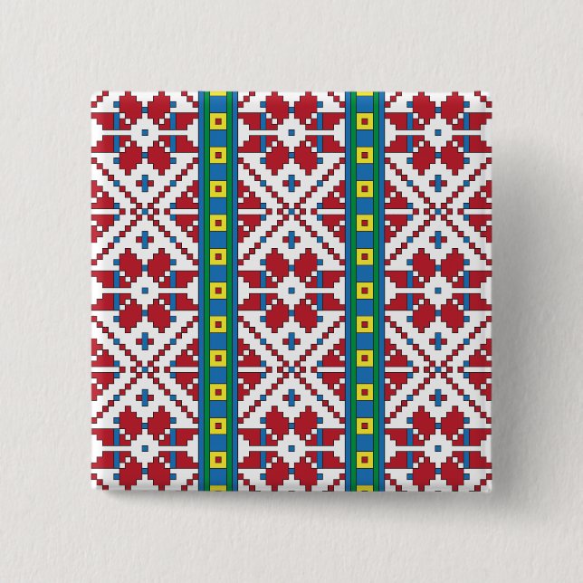 Tribal red, blue, and white star geometric pattern pinback button (Front)
