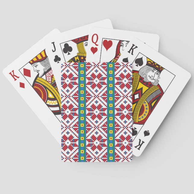 Tribal red, blue, and white star geometric pattern poker cards (Back)
