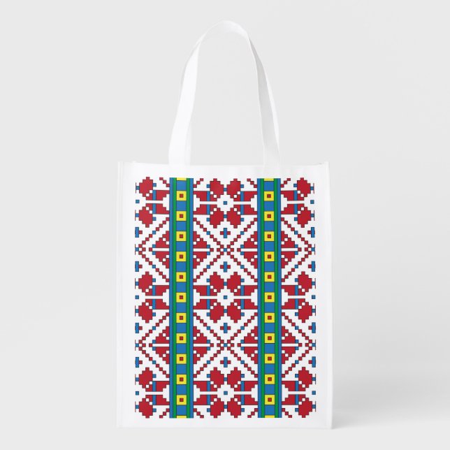 Tribal red, blue, and white star geometric pattern reusable grocery bag (Front)