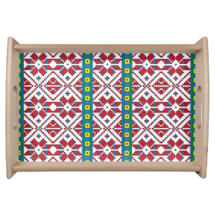 Tribal red, blue, and white star geometric pattern serving tray