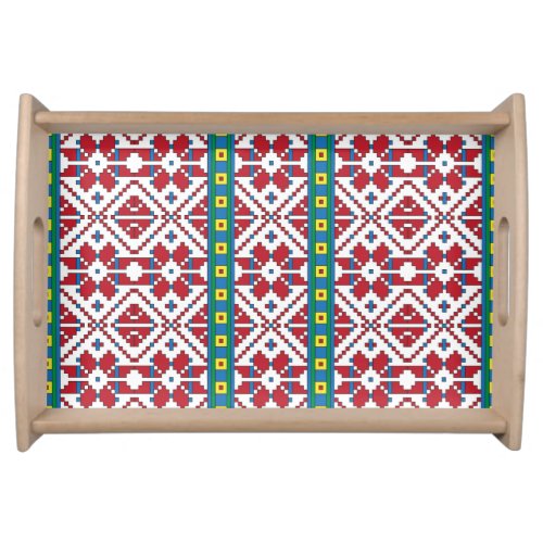 Tribal red blue and white star geometric pattern serving tray