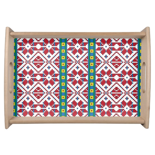 Tribal red, blue, and white star geometric pattern serving tray (Front)