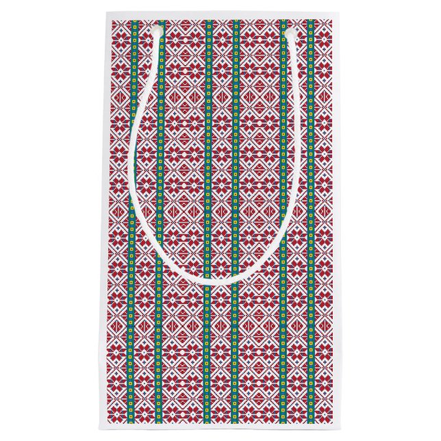 Tribal red, blue, and white star geometric pattern small gift bag (Front)