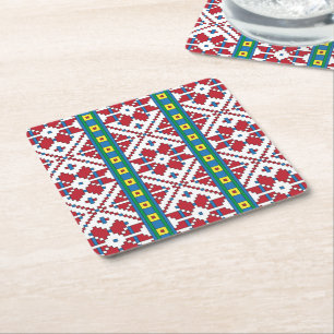 Tribal red, blue, and white star geometric pattern square paper coaster