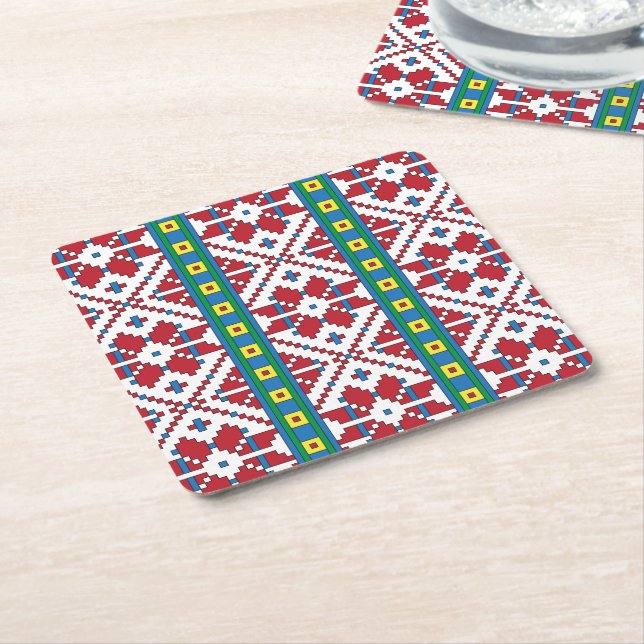Tribal red, blue, and white star geometric pattern square paper coaster (Angled)