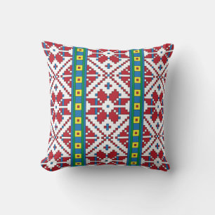 Tribal red, blue, and white star geometric pattern throw pillow