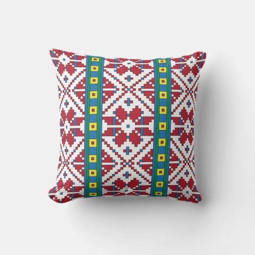 Tribal red blue and white star geometric pattern throw pillow