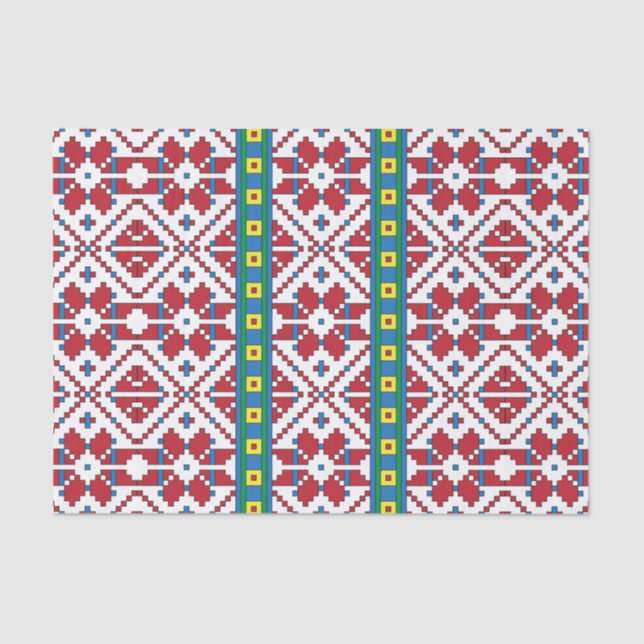 Tribal red, blue, and white star geometric pattern tissue paper (Front)