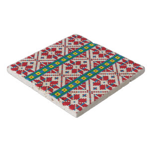 Tribal red, blue, and white star geometric pattern trivet
