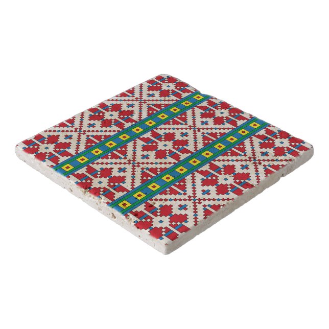 Tribal red, blue, and white star geometric pattern trivet (Corner)