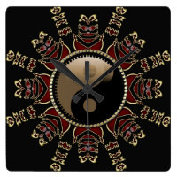 Tribal Red Gold YinYang Geometric Sun Square Wall Clock