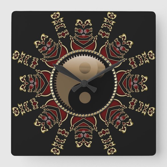 Tribal Red+Gold YinYang Geometric Sun Square Wall Clock (Front)