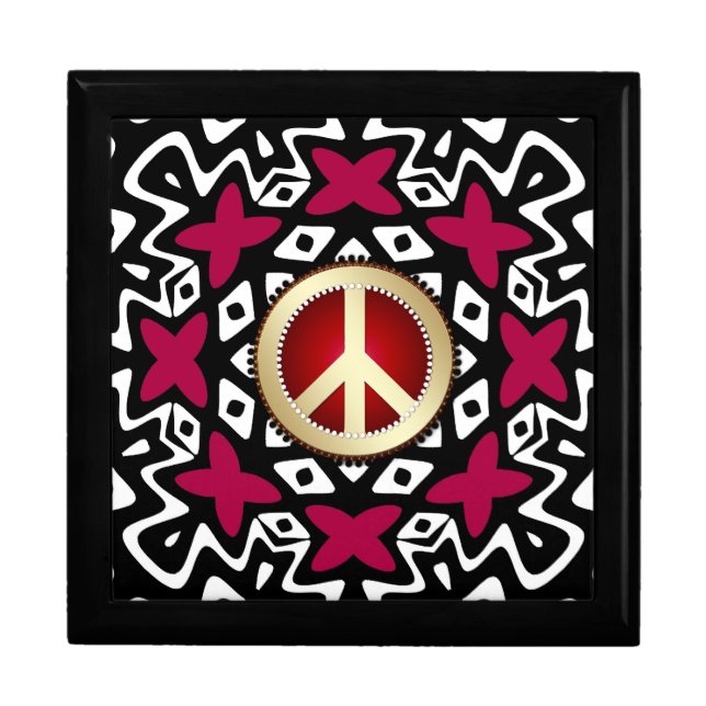 Tribal Red Ribbons Peace Sign Wooden Gift Box (Front)