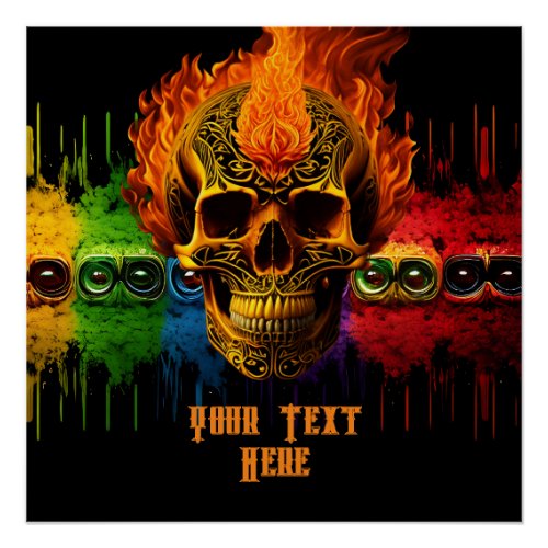 Tribal Rock N Roll Skull biker Flames personalize Poster