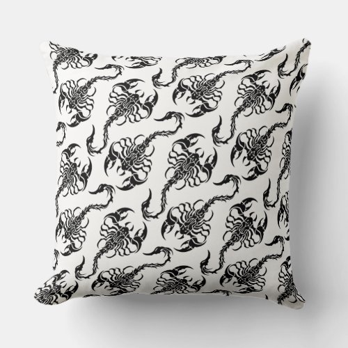 Tribal Scorpion Black and White Pattern Throw Pillow