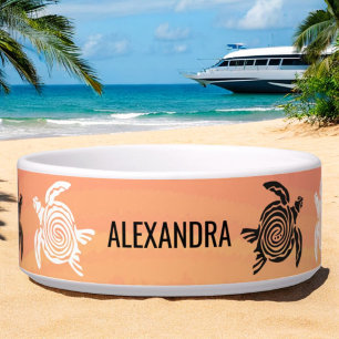 Tribal Sea Turtle Art on Orange Personalized Pet Bowl
