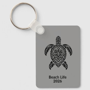 Tribal Sea Turtle, black on gray Keychain