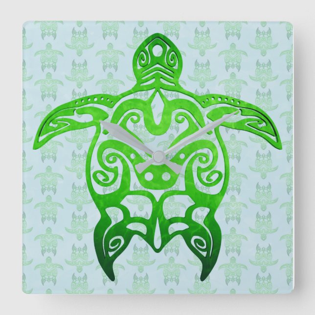 Tribal Sea Turtle Honu Square Wall Clock (Front)