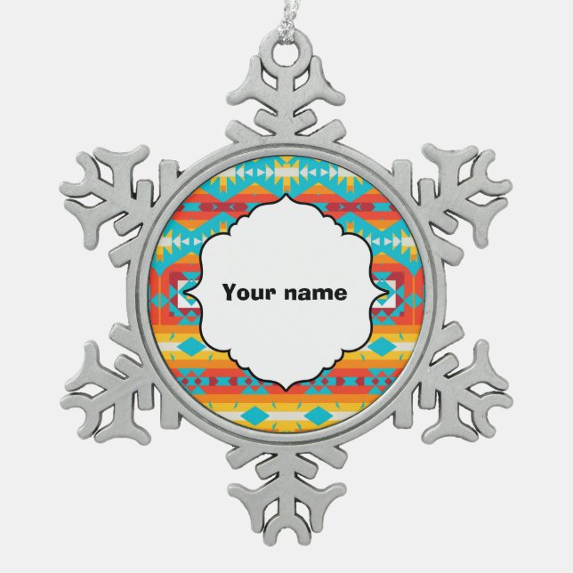Tribal shapes rows snowflake pewter christmas ornament (Front)