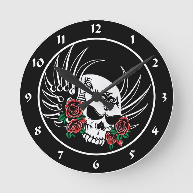 Tribal Skull and Roses Round Clock (Front)