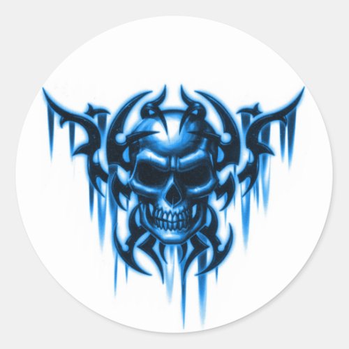 tribal skull_blue classic round sticker