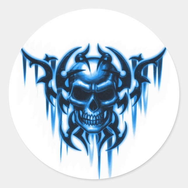 tribal skull-blue classic round sticker (Front)