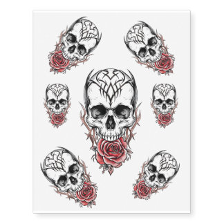 Tribal Skull with Red Rose Temporary Tattoos