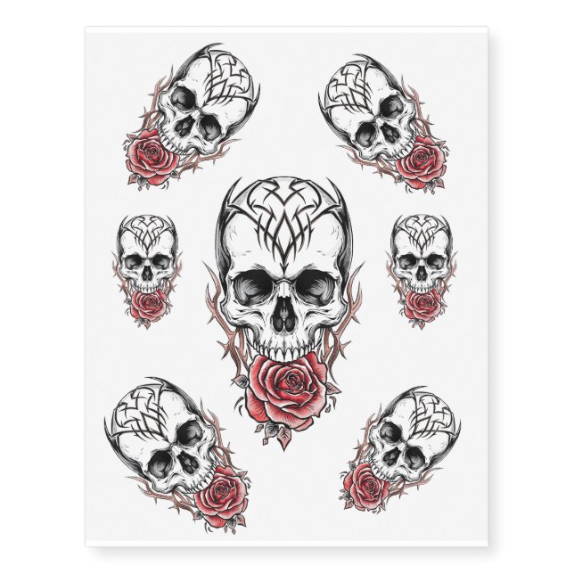 Tribal Skull with Red Rose Temporary Tattoos (Front)