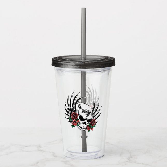 Tribal Skull with Roses Acrylic Tumbler (Front)