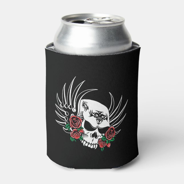 Tribal Skull with Roses Can Cooler (Can Front)