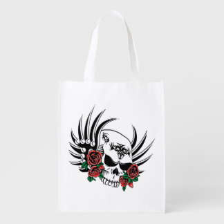 Tribal Skull with Roses Grocery Bag