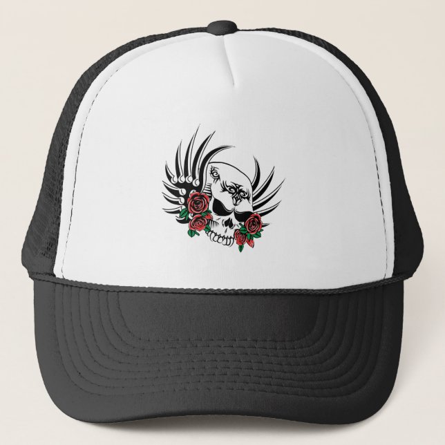 Tribal Skull with Roses Trucker Hat (Front)