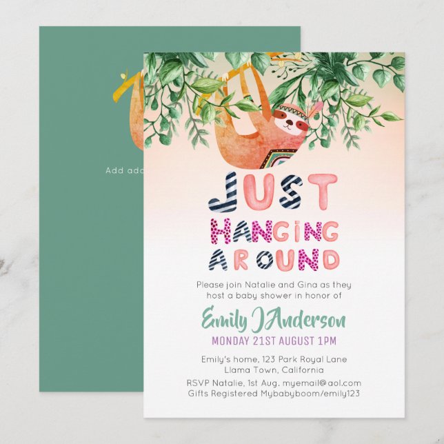 Tribal SLOTH Hanging Around Mint Green Baby Invitation (Front/Back)