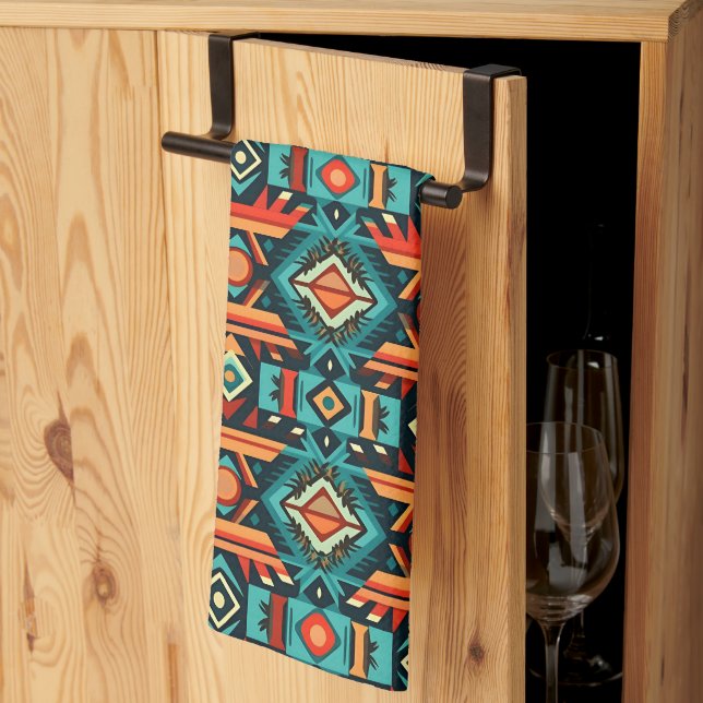 Tribal Southwestern Pattern Blue And Orange Kitchen Towel (Thirds Fold)