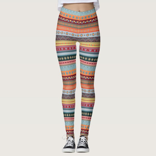 Tribal Stripes Colorful Geometric Pattern Leggings (Front)