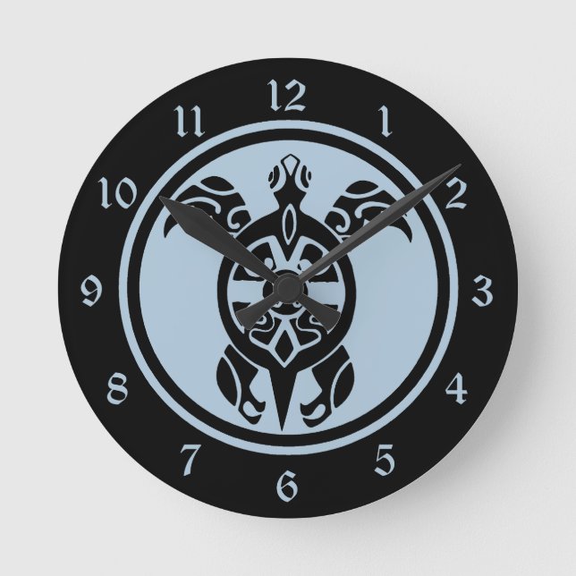 Tribal Style Sea Turtle in Black with Ice Blue Round Clock (Front)
