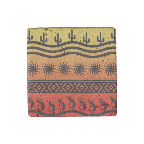 Tribal Sun Cactus Kokopelli Design Stone Magnet