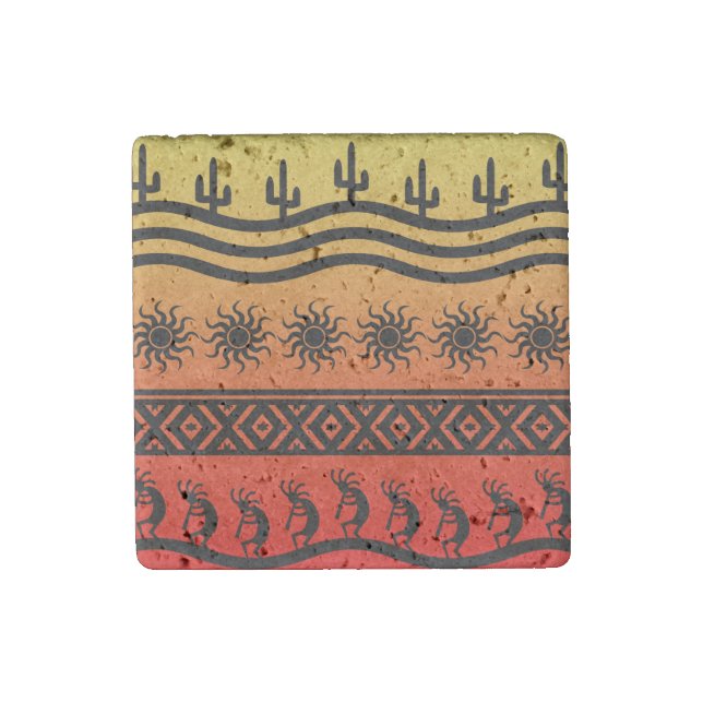 Tribal Sun Cactus Kokopelli Design Stone Magnet (Front)