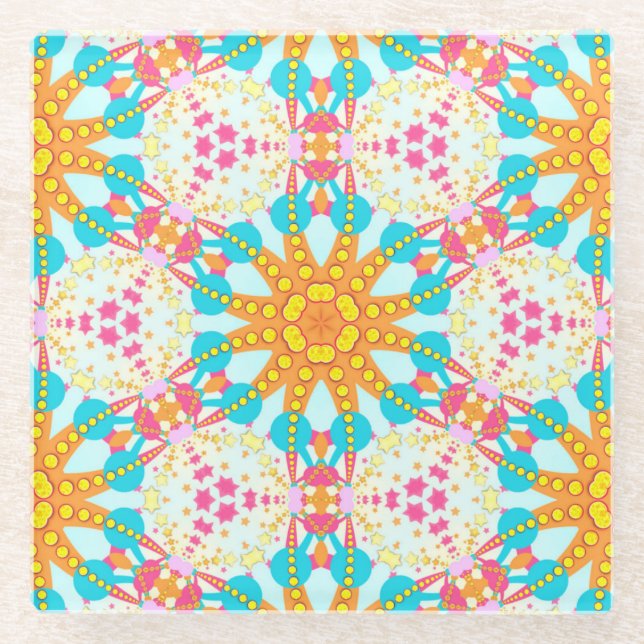 Tribal Sunshine Aqua Pink Gold Geometric Pattern Glass Coaster (Front)