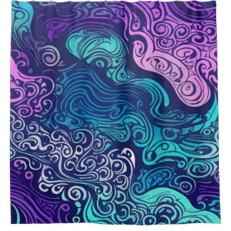 Tribal swirl turquoise purple ocean waves Shower Curtain