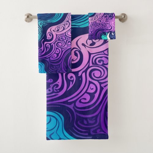  Tribal swirl turquoise purple ocean waves  Towel