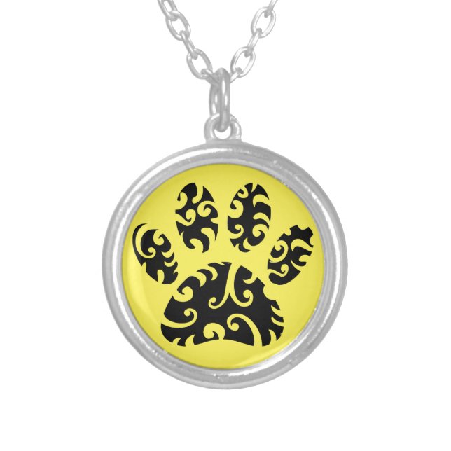 Tribal Tattoo Dog Paw Print  Silver Plated Necklace (Front)